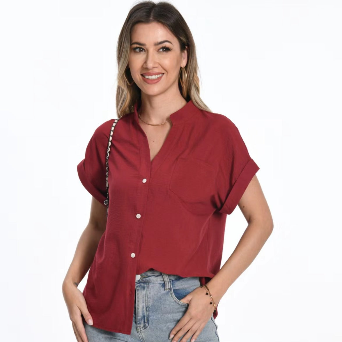 Stand Collar Button Fashion Comfortable Short Sleeve Women's Summer Top
