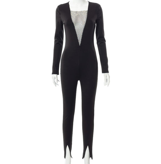 V Neck Long Sleeved Split Sexy Jumpsuit With Diamonds