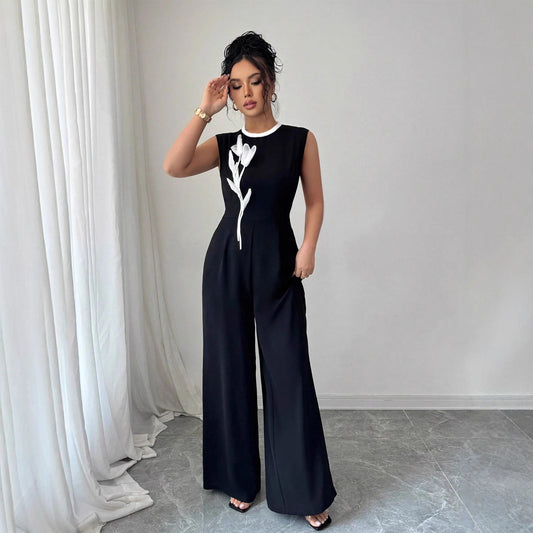 Elegant Embroidered Black Crew-Neck Sleeveless Wide-Leg Jumpsuit