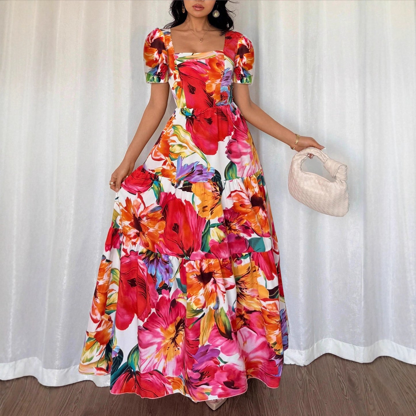 Retro Print Patchwork Long Fashion Festival Date Dress