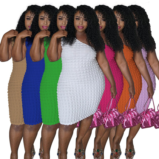 Asymmetrical-neck Solid-color Figure-hugging Sheath Dress