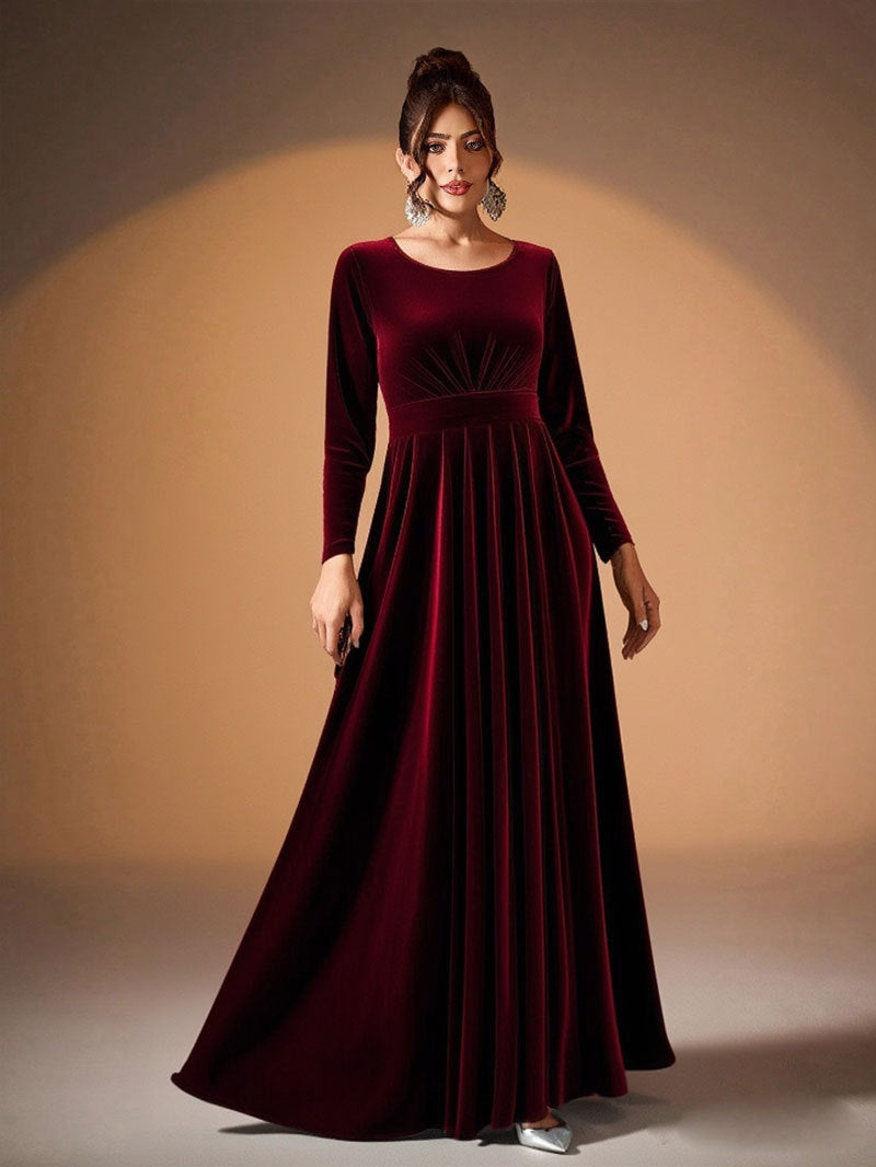 Plus Size Velvet Long Sleeve Dress With Pleats