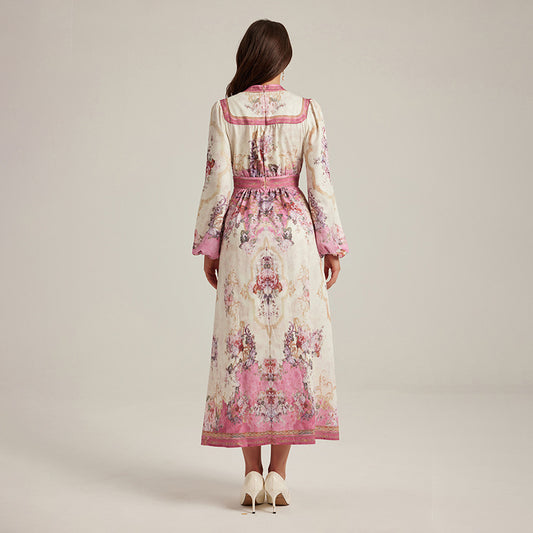 Special Interest Design Style V-neck Vintage Printed Maxi Dress For Women