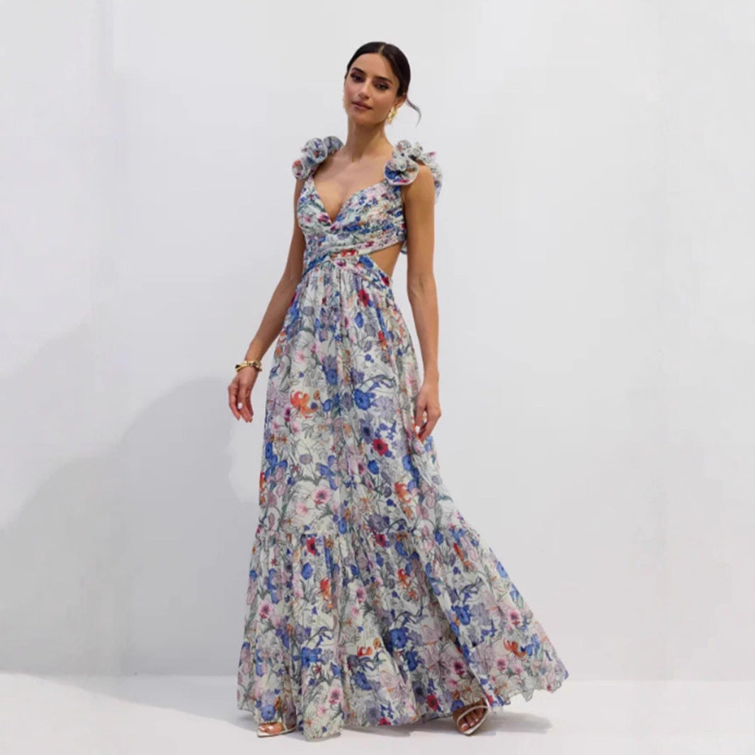 Printed Strapless Off-shoulder One-shoulder Tie-waist Ruffle Dress