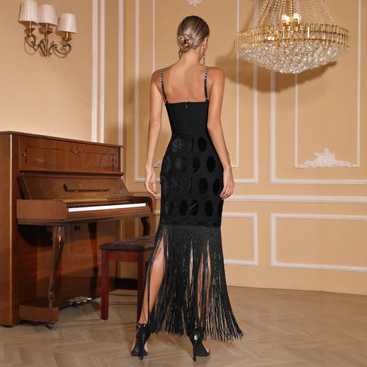 New Black Strapless Dress With Fashionable Nailhead Embroidery, Sleeveless Bandage Fringe Design Long