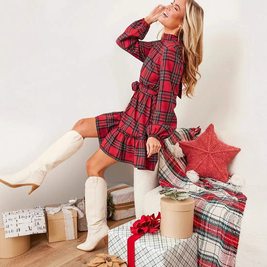 Grid V-neck Puff Sleeve Ruffled Hem Tie-waist Dress