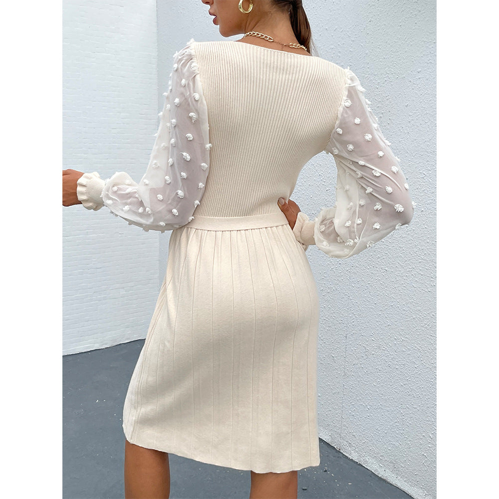 V-neck Long-sleeved Lace Stitching Knit Dress Sweater