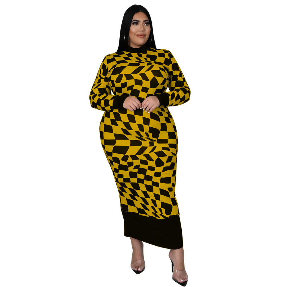 Women's Crew-Neck Plaid Printed Long-Sleeve Elegant Dress