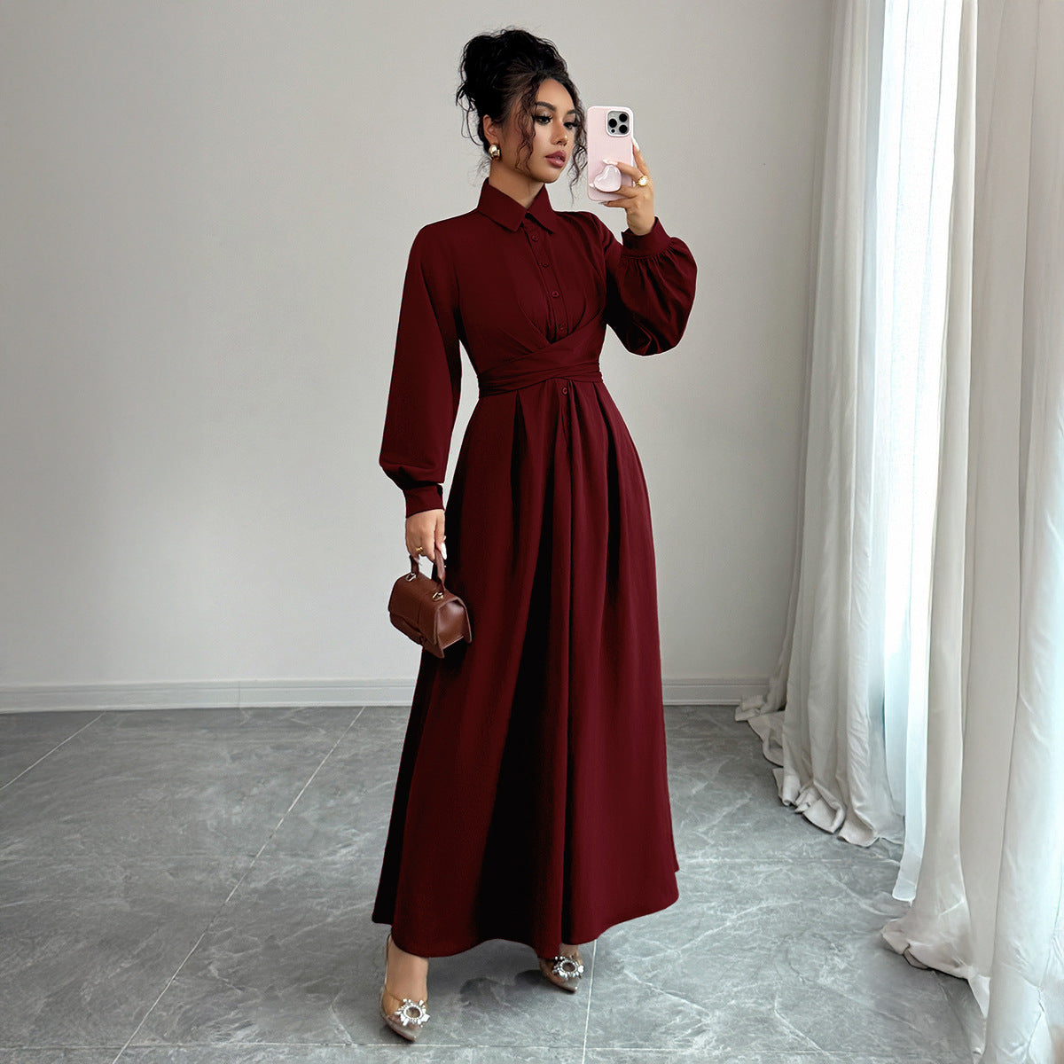 Women's Solid-Color Simple And Stylish Button-Down Long-Sleeve Dress