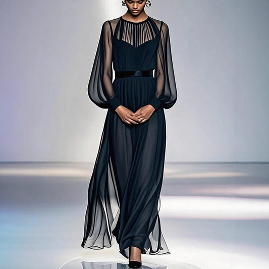 Sophisticated Black Two-piece Mesh Dress With A Cinched Waist