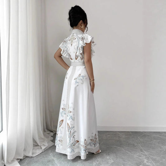 Women's Retro Printed Long-Sleeve Waist-Cinching Single-Breasted Stand-Neckline Dress