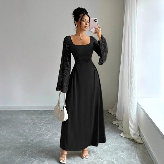 Lady's Elegant Temperament Retro Solid Color Square Neck Long Sleeve Trumpet Sleeve Dress