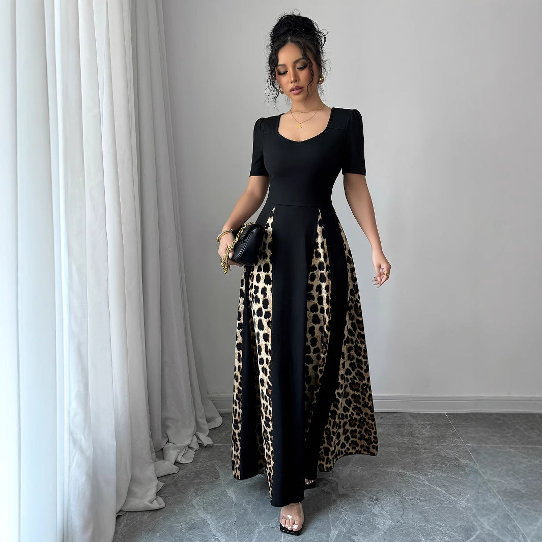 Women's Leopard-print Contrast-color Dress