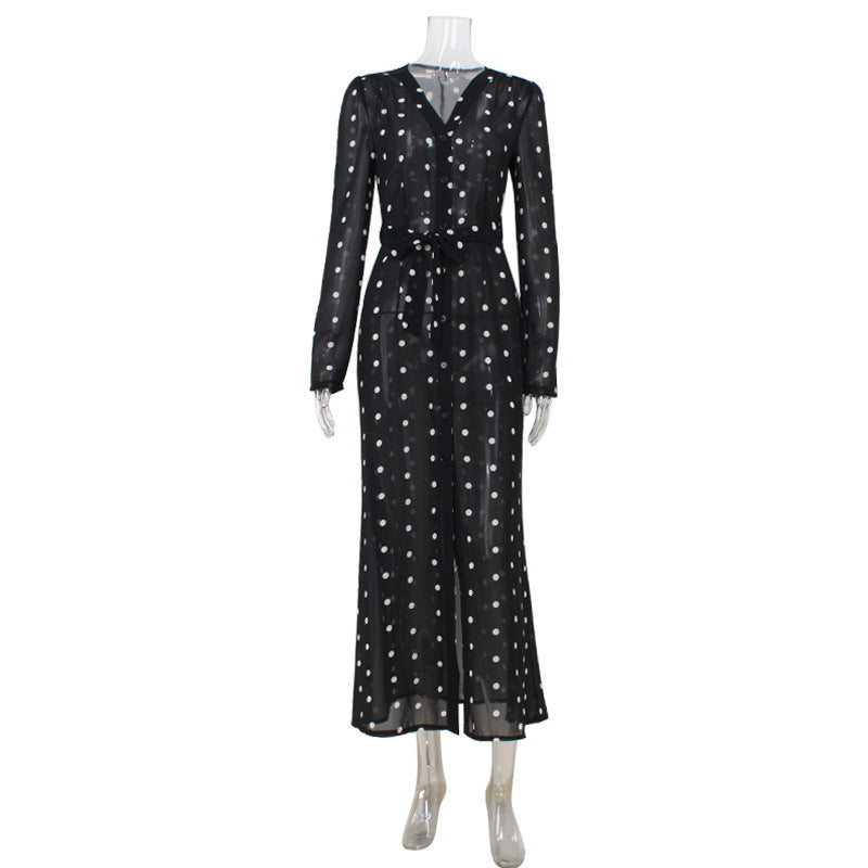 Elegant Mid-Length V-Neck Polka-Dot Waist-Cinched Dress