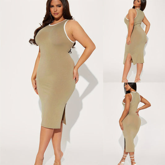 Fashion Plus Size Sleeveless Round Neck Side Slit Dress