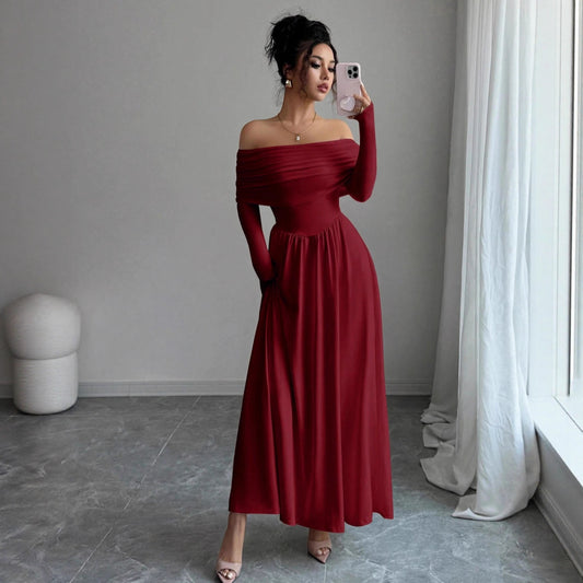 Women's Solid-Color French-Style Off-the-Shoulder Knitted Dress