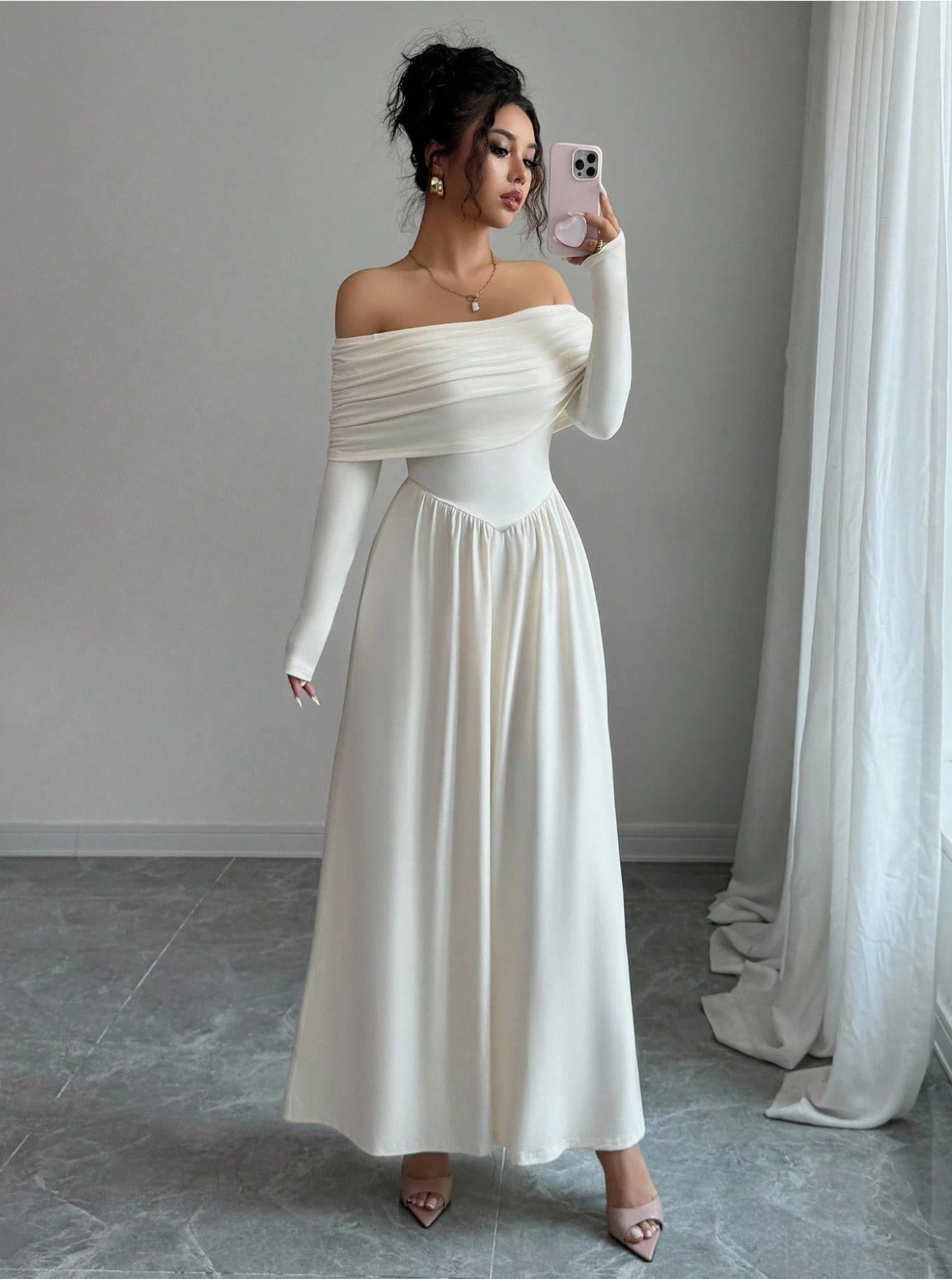 Women's Solid-Color French-Style Off-the-Shoulder Knitted Dress