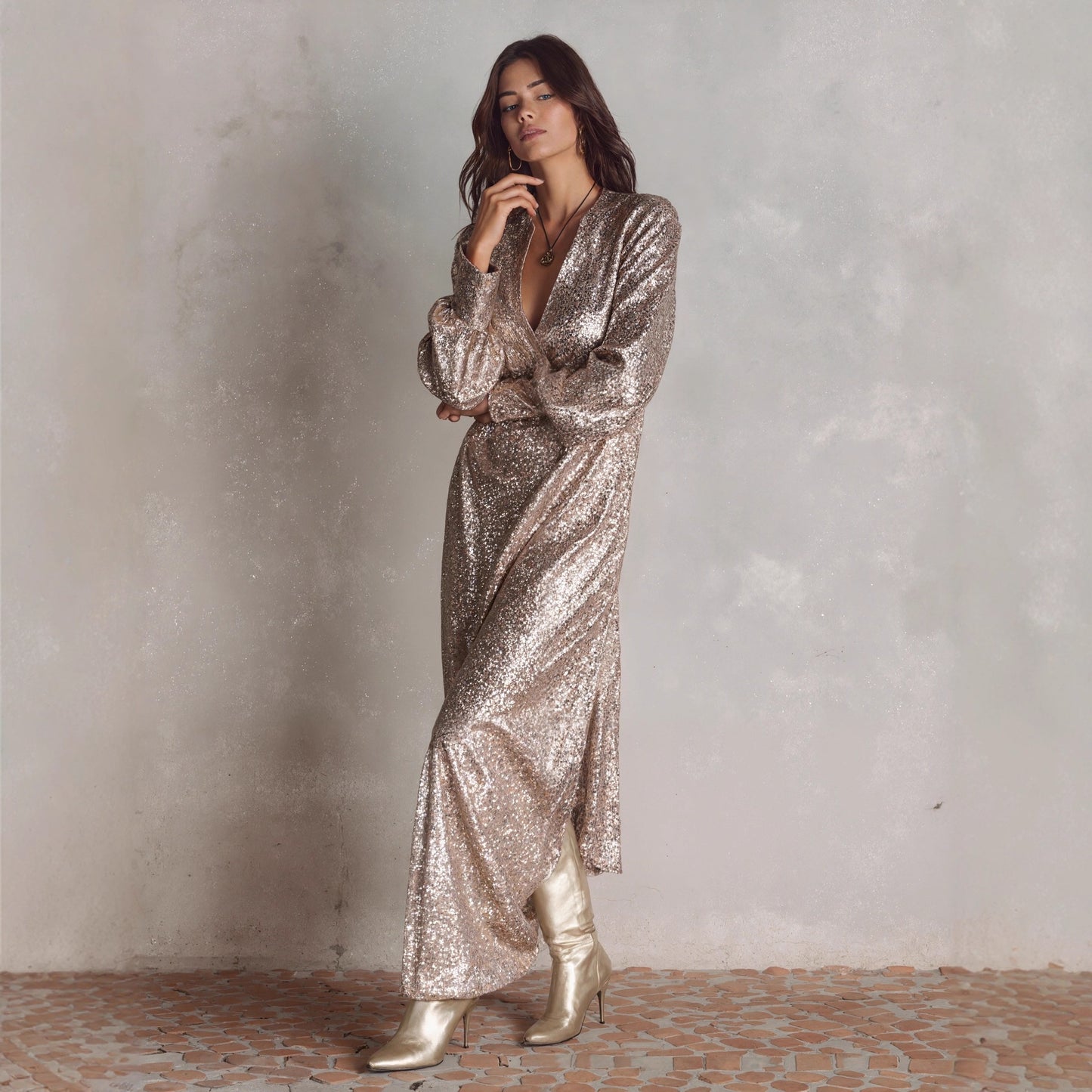 Loose-fitting Long-sleeve Sequin Dress With A Slit