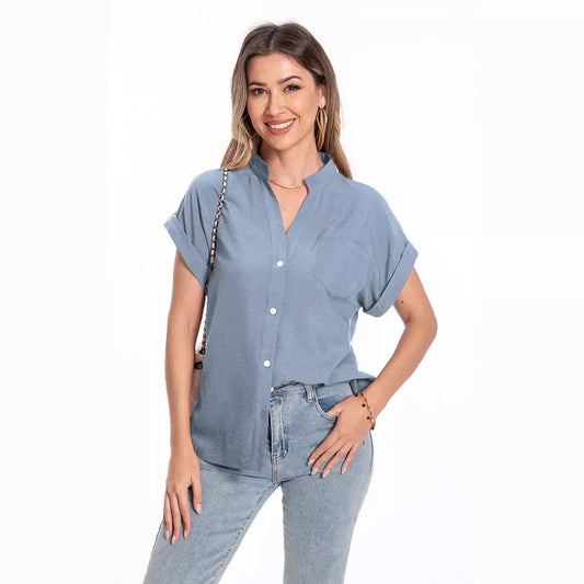 Stand Collar Button Fashion Comfortable Short Sleeve Women's Summer Top