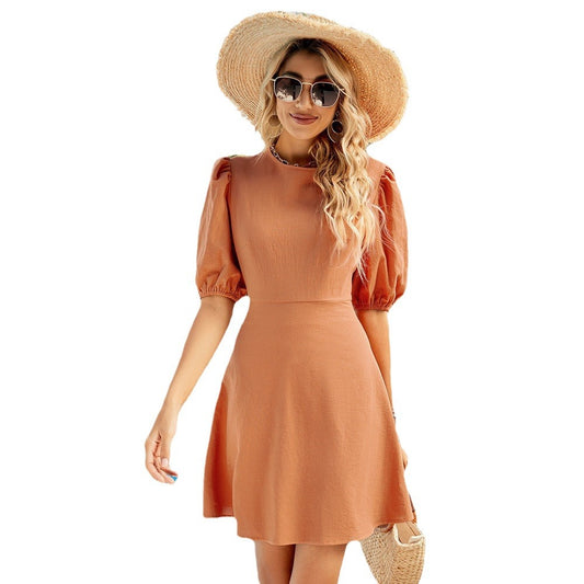 Elegant Round Neck Bubble Sleeve Short Sleeve Dress