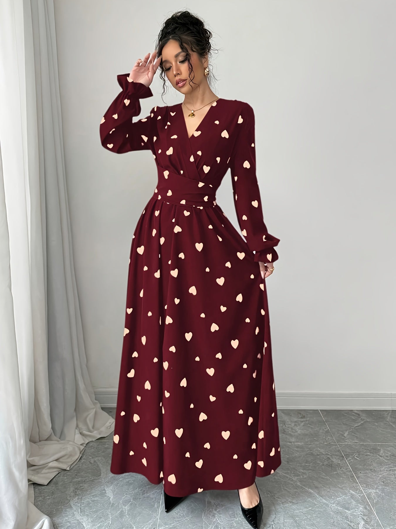 Women's Printed V-Neck Long Sleeve Waist Tie Dress