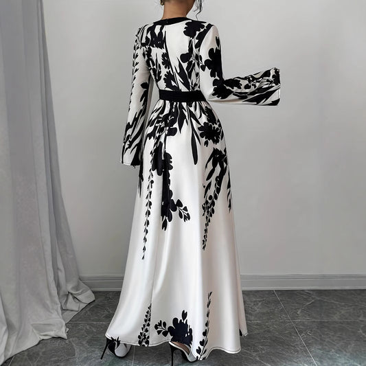 Temperament Print V-neck Slim Long Dress With Waist Belt Long Sleeves