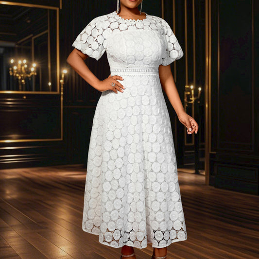 Plus Size Round Neck Lace Puff Sleeve Dress