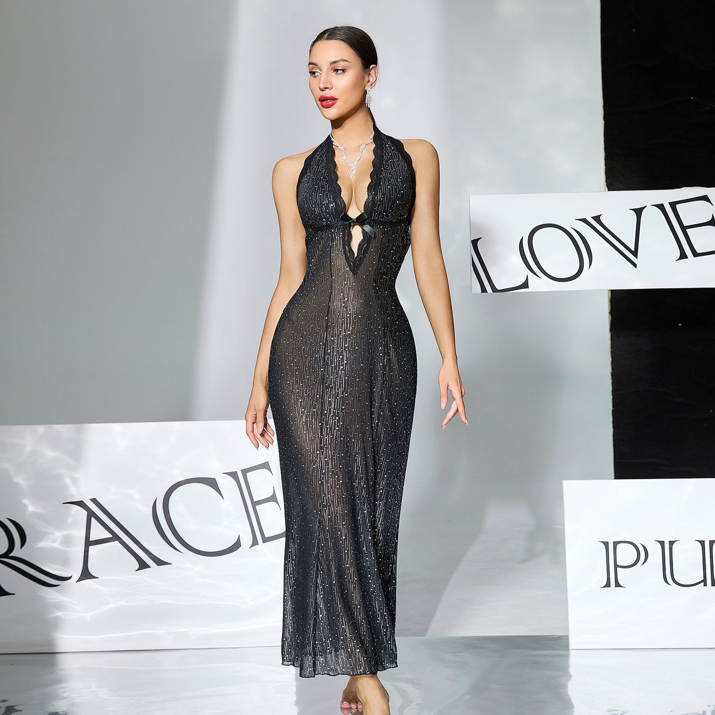 Black Sequin-embellished Sheer Halter-neck Deep-V Backless Bodycon Sexy Dress