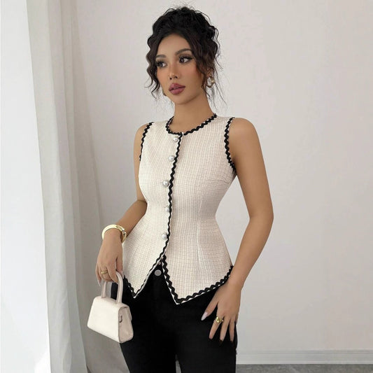 New Color-block Round-neck Sleeveless Embroidered Vest