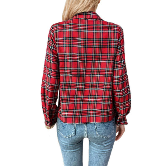 Lapel Plaid Long Sleeve Casual Women's Shirt