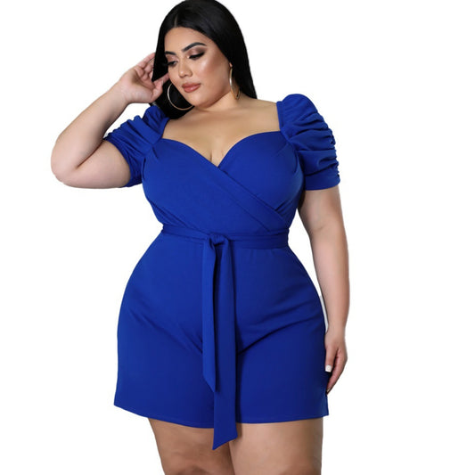 Women's Casual Fashionable And Sexy Solid-Colored Belted Jumpsuit In Plus Sizes