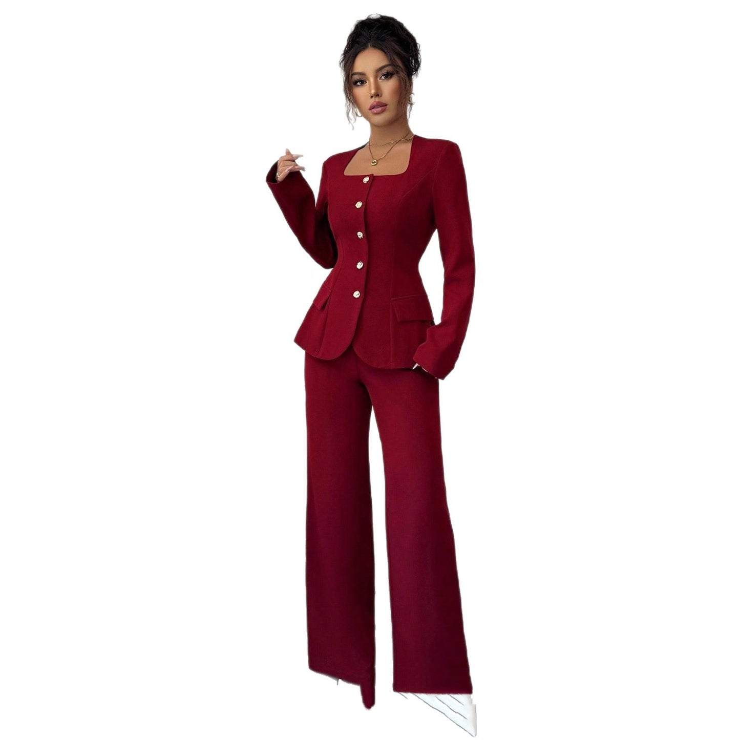 Defined-Waistline Long-Sleeve Top And Wide-Leg Pants Two-Piece Pants Set