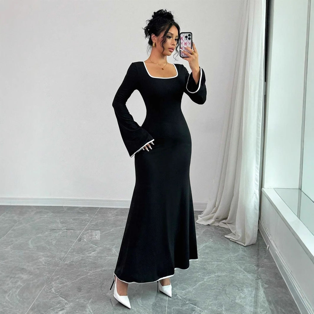 Temperament Square Neckline Famous Style Color Block Slim And Elegant Dress