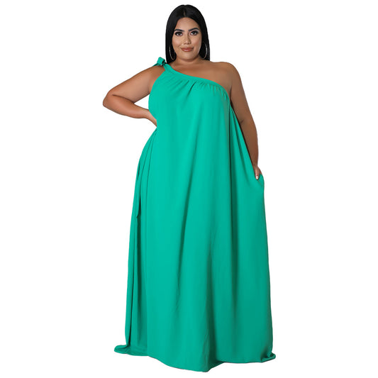 Sleeveless One-shoulder Halter Solid-color Dress Maxi Dress