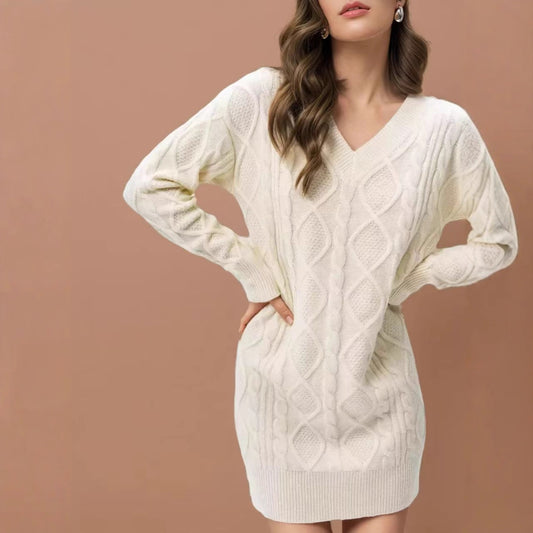 Mid-length Sweater V-neck Knitted Casual Twist Dress