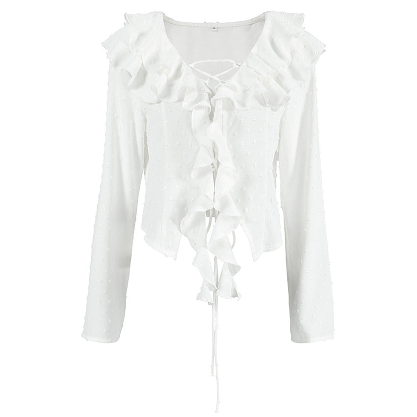 White Crepe Casual Ruffled Sexy Elegant Lace-up Long Sleeve Shirt