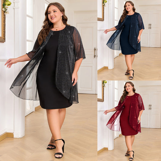 Plus Size Silver Shiny Mesh Elegant Dress