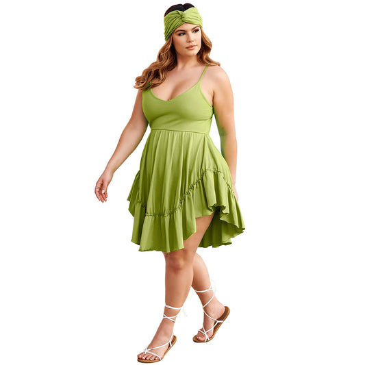 Casual V-neck Waist-cinching Knitted Slip Dress In Plus Sizes
