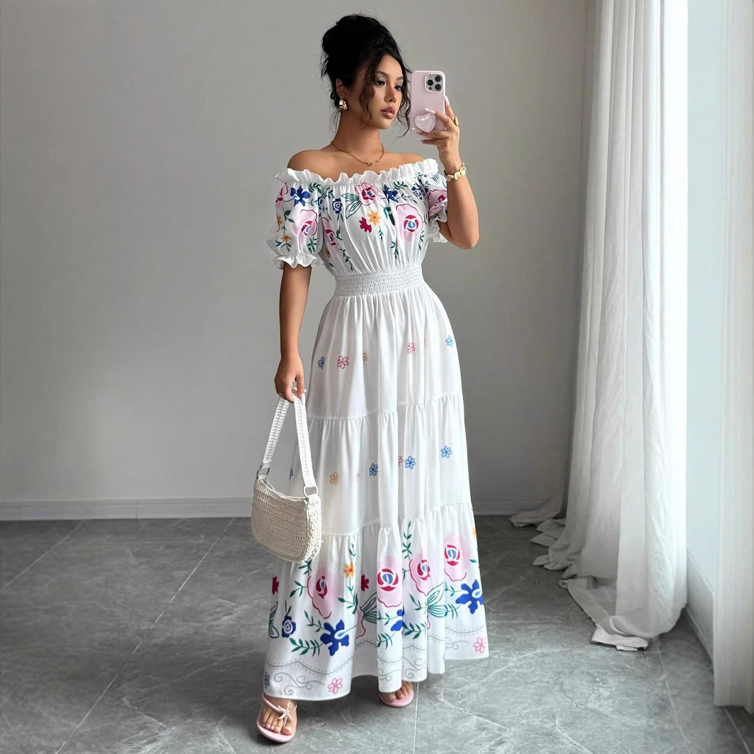 One-shoulder Puff Sleeve Floral Print Waist-tapered Trumpet Skirt