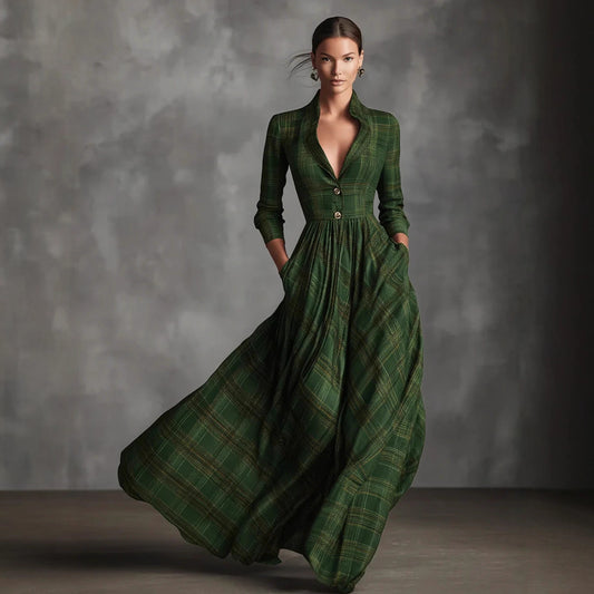 Retro V-neck Gray Plaid Linen Flared Maxi Skirt