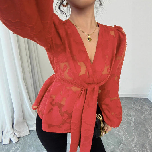 Fashionable Sexy Semi-transparent Long-sleeved V-neck Women's Shirt