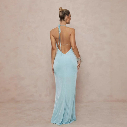 Deep V-neck Halter Dress With Open Back