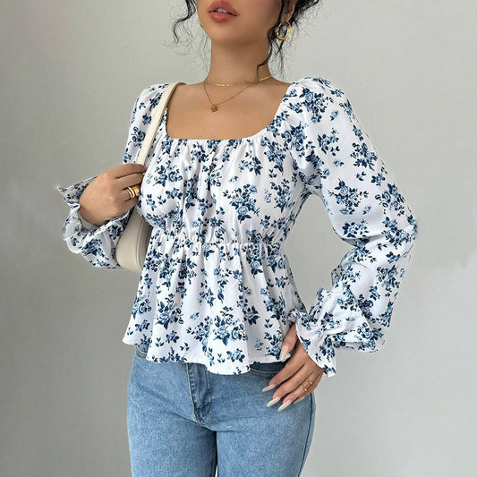 Autumn And Winter Square Neckline Puff Sleeve Popular Floral Long Sleeve Top