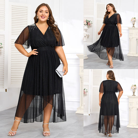 Short Front And Long Back Nail Bubble Beads Elastic Waist Plus Size Women's Elegant Dress Dress