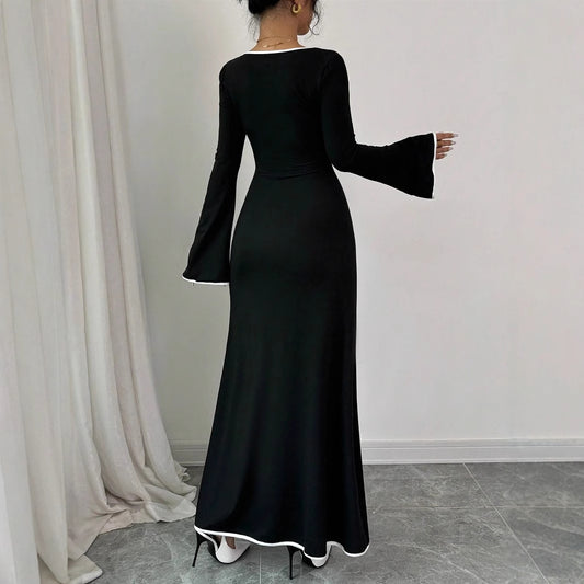 Temperament Square Neckline Famous Style Color Block Slim And Elegant Dress