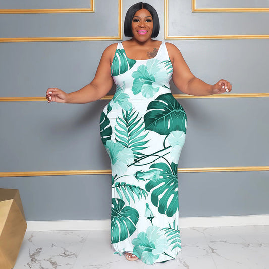 Plus-size Women's Summer Casual Long Sleeveless Digital-print Dress