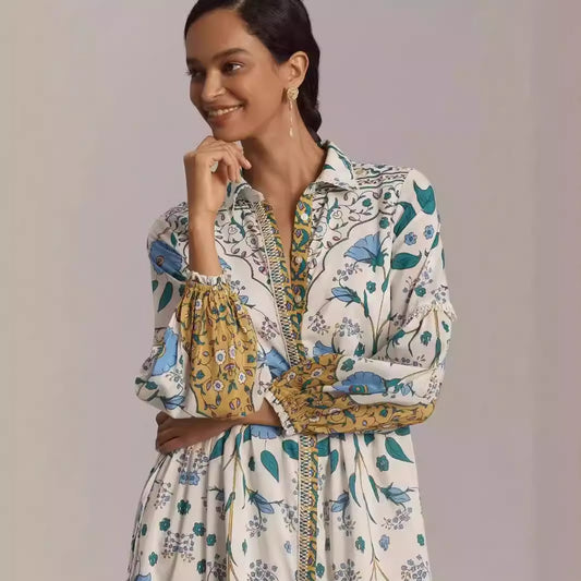 Floral Print Long-sleeved Shirt Dress