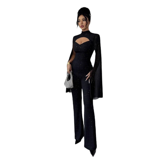 Women's Crew-neck Ribbed Chiffon Cape-style Bodycon Jumpsuit