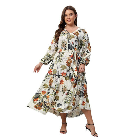 Printed V-neck Long Sleeve Floral Loose Big Hem Dress