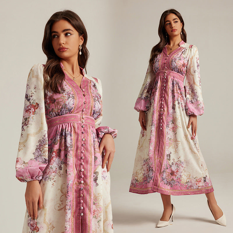 Special Interest Design Style V-neck Vintage Printed Maxi Dress For Women